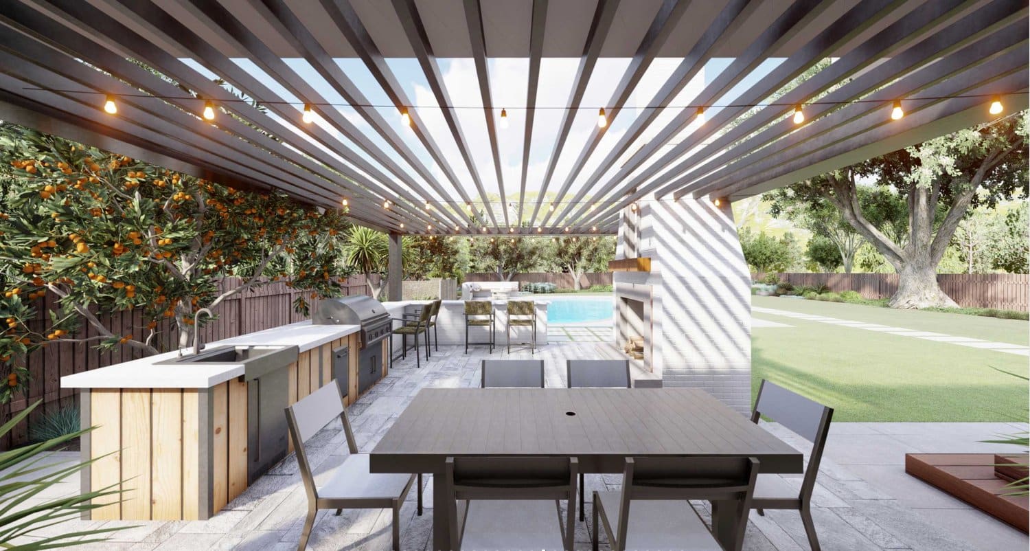 Sacramento side yard kitchen area with dining set and pergola with string light