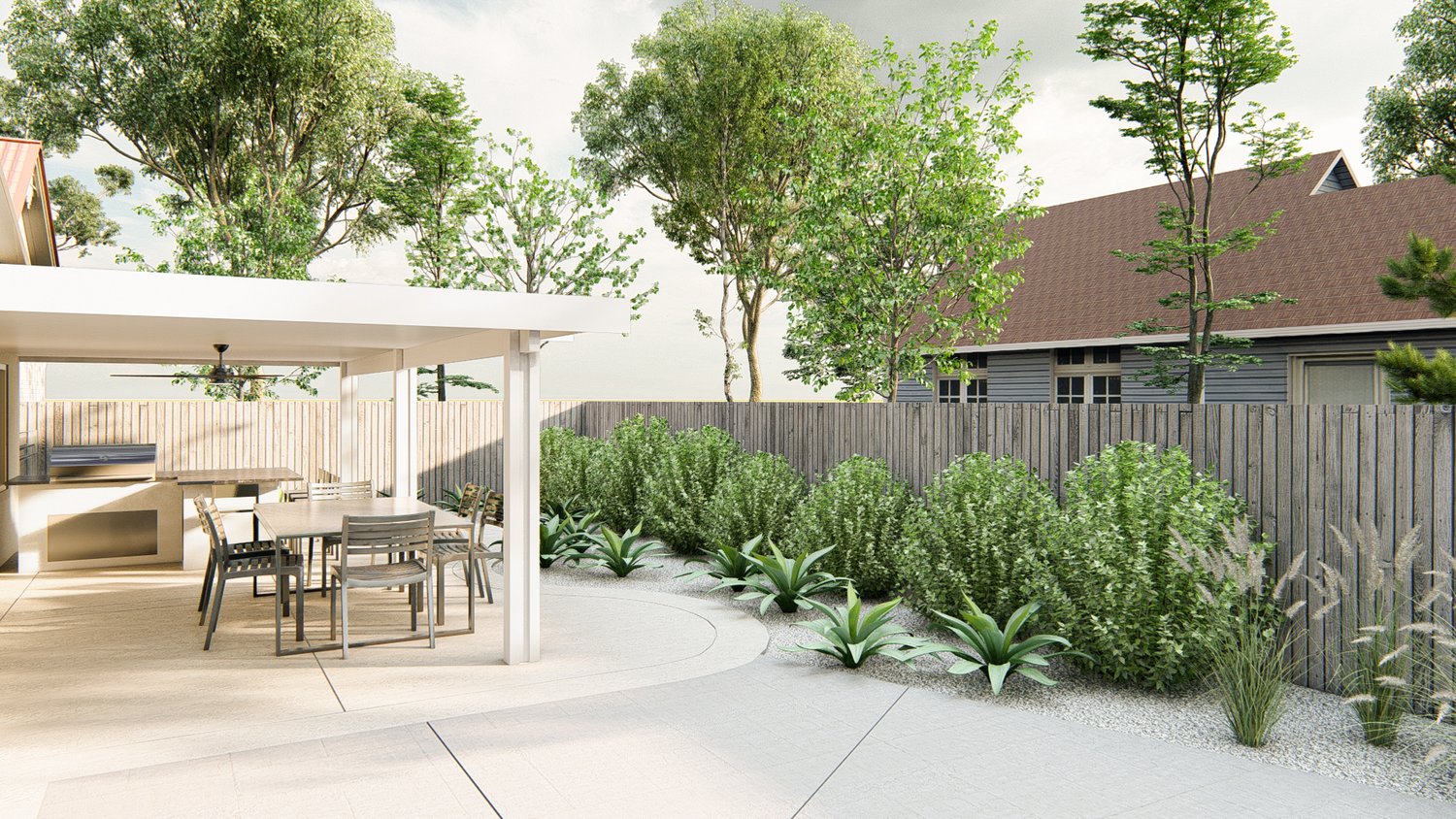 Sacramento side yard showing concrete patio with pergola over outdoor kitchen and dining area, with plant section