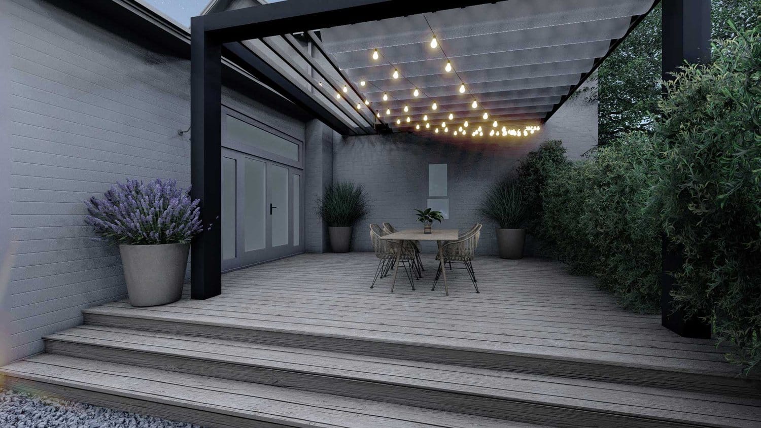 San Antonio deck and patio with pergola and string lights over seating area, and plants