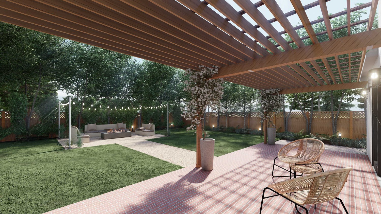 San Antonio backyard with pergola over patio seating area in the foreground, lawn and fire pit seating area with string lights in the background