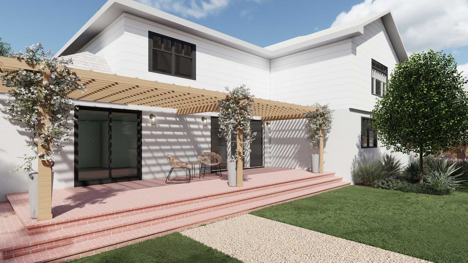 San Antonio backyard patio and pergola with climbing plants over seating area, with gravel pathed lawn, tree and plants