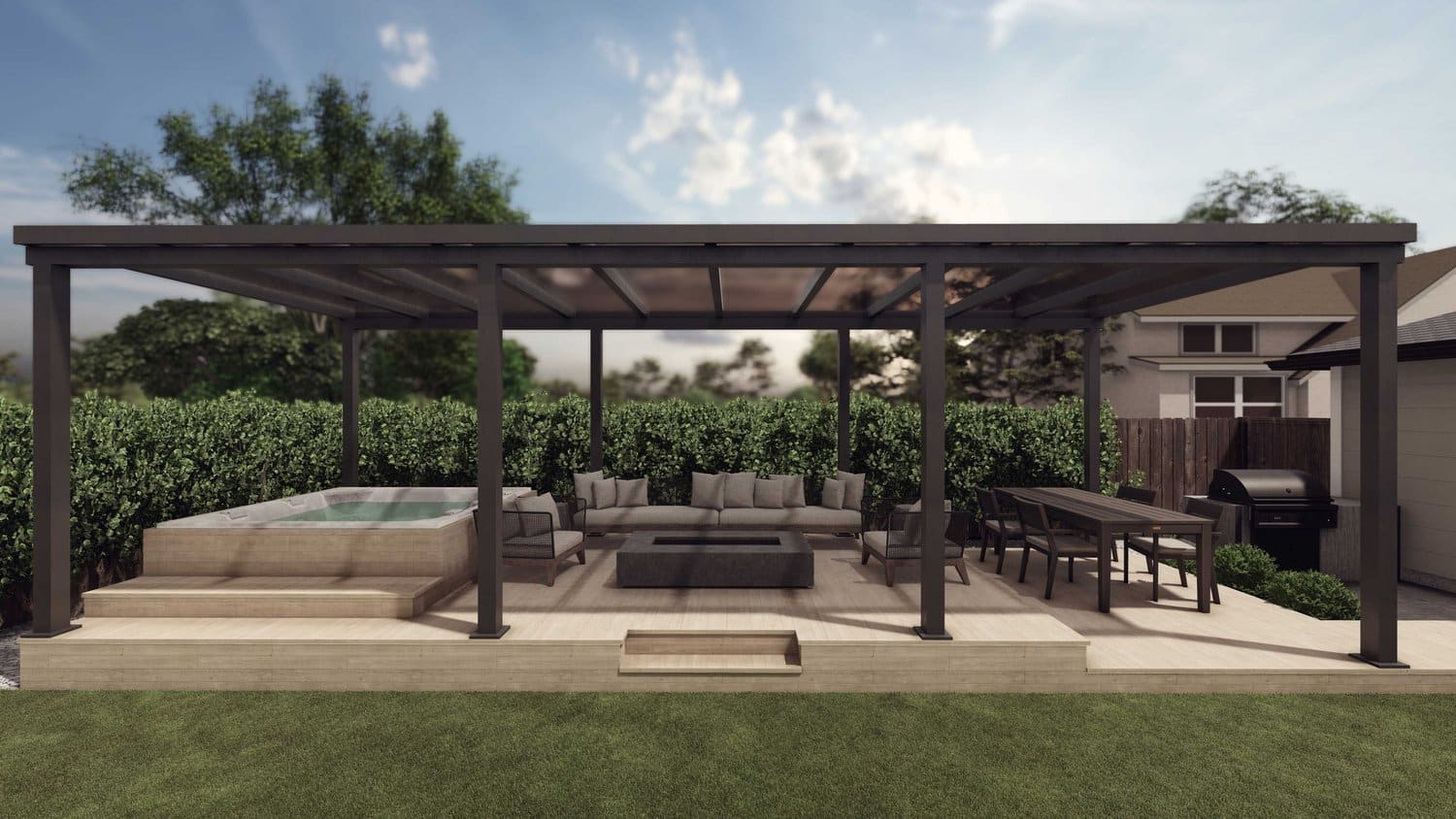 San Antonio backyard showing deck and patio with pergola over lounge area, hut tub, outdoor kitchen and dining area