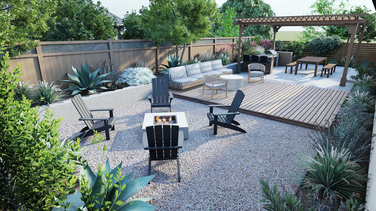 San Jose yard with patio, fire pit and gravel floors