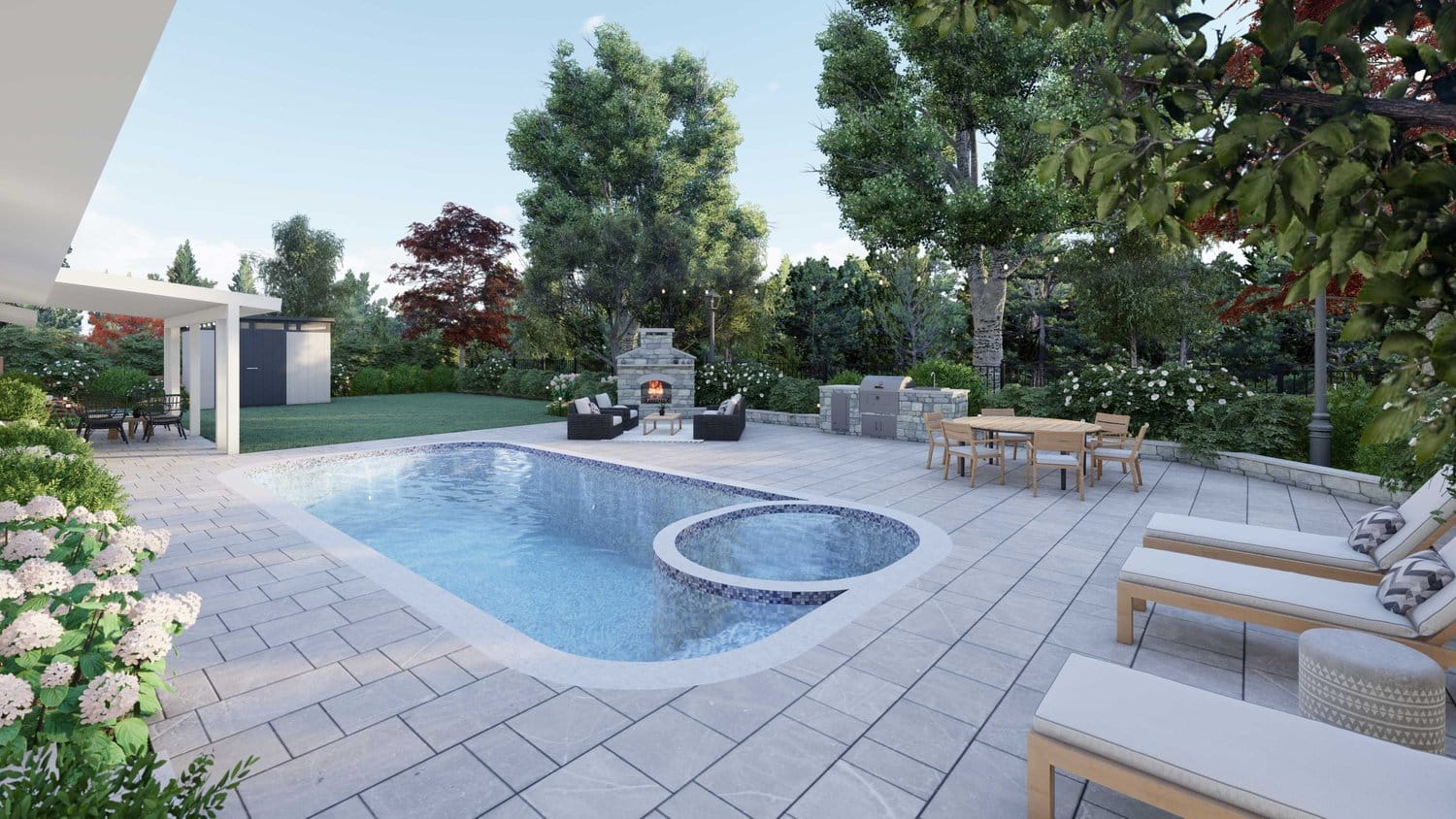 San Jose pool, pool lounge chairs with paver and patio with fire place