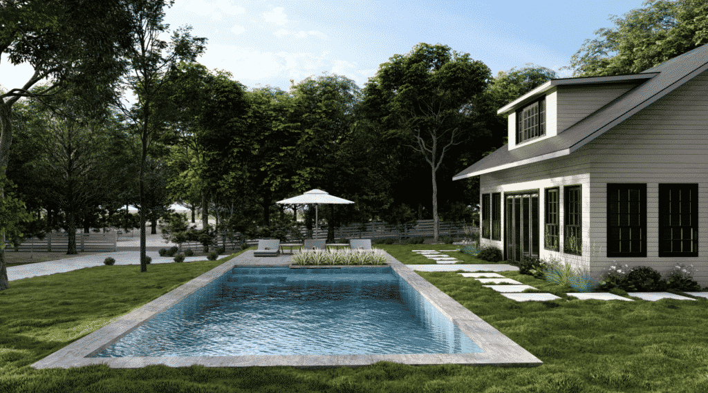 3D backyard design render with pool and lounge seating