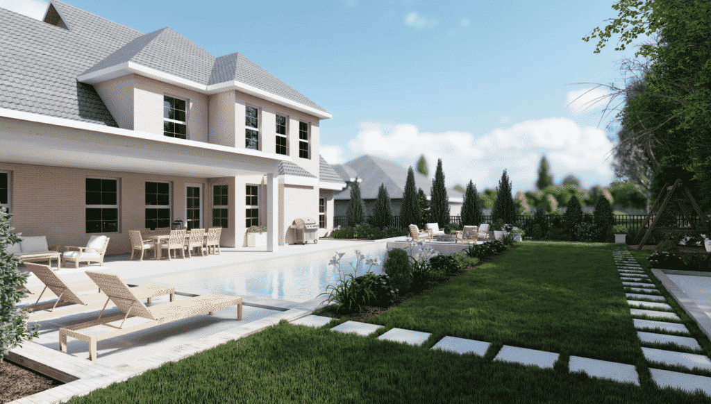 3D backyard design render with pool and concrete stepper paths cutting across lawn