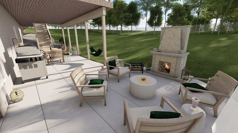 St. Charles backyard design with fire pit and outdoor kitchen