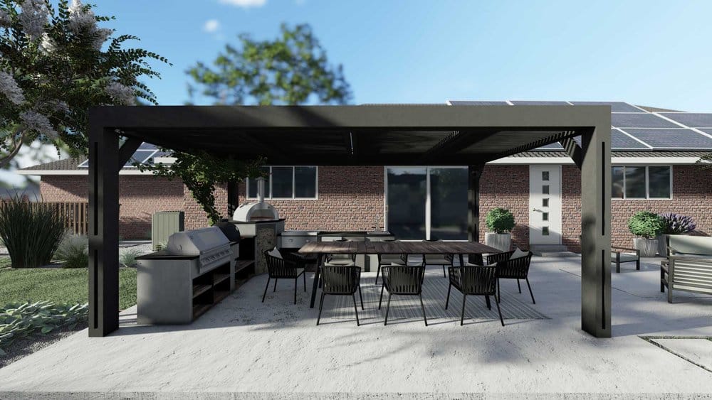 St. Charles backyard design with pergola-covered outdoor kitchen and dining area