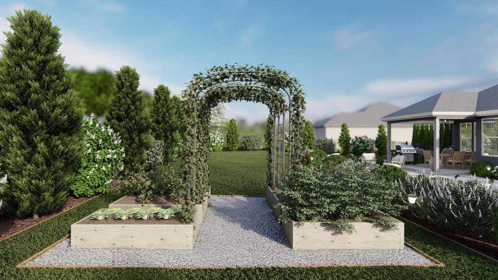St. Charles yard design with arbor and plants
