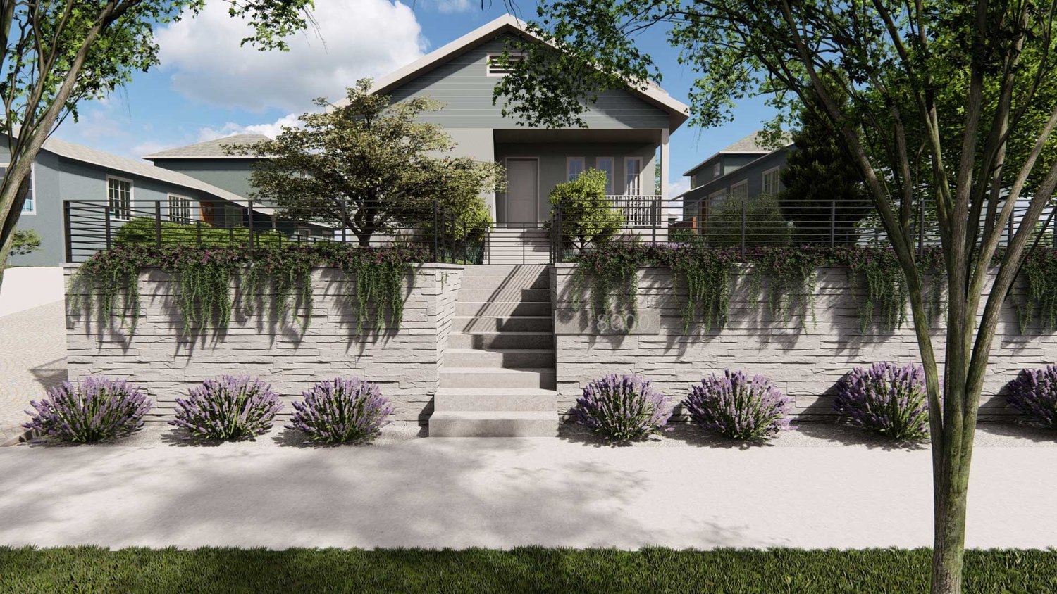 Bellevue front yard with concrete pavement and plants with steps leading up