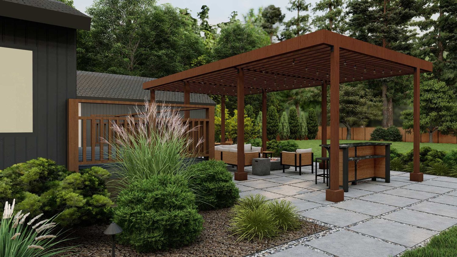 Bellevue backyard showing beautiful plants and sitting area with pergola built over it