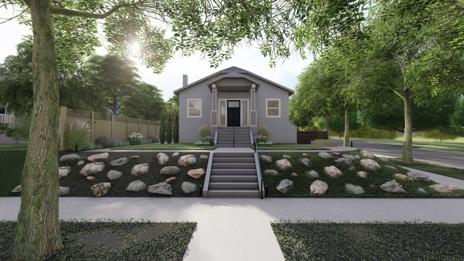 Bellevue front yard with stone work and concrete walkway with steps leading up to the house