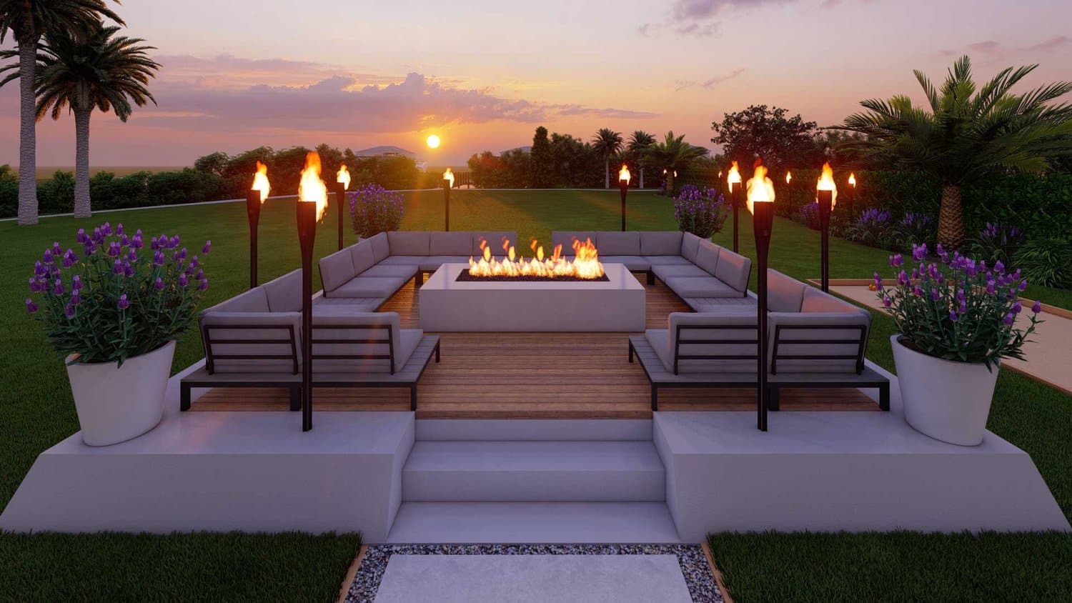 Tampa beautiful outdoor patio fire pit seating area with plant pots