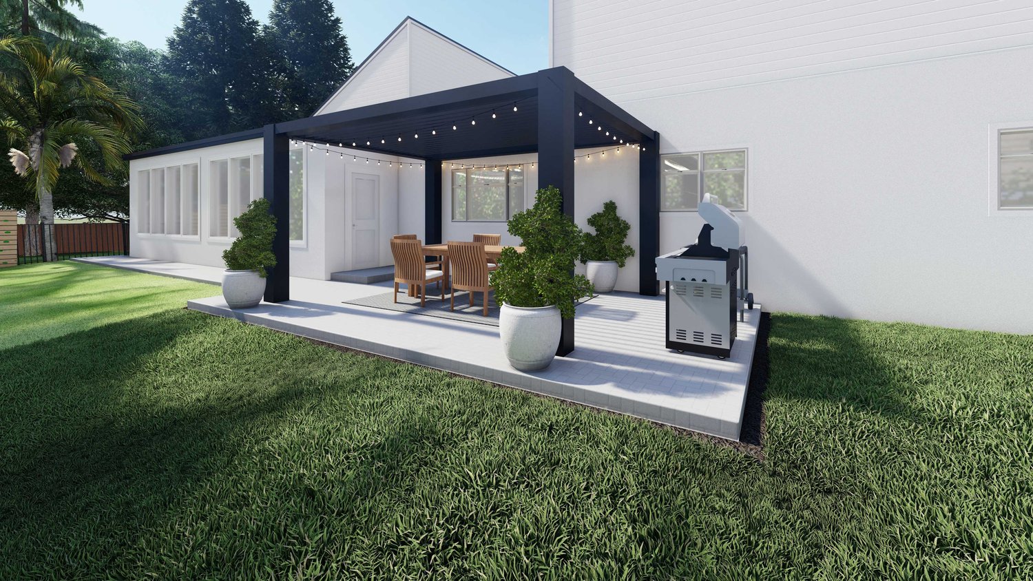 Tampa front yard patio with outdoor kitchen and pergola over dining area