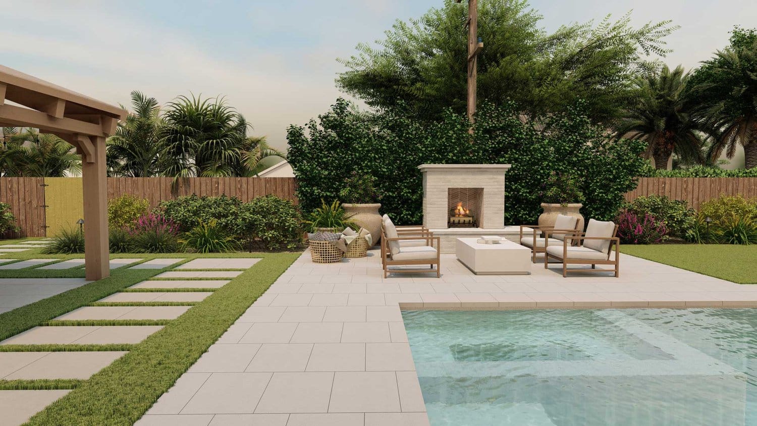 Tampa pool patio with fire pit seating area