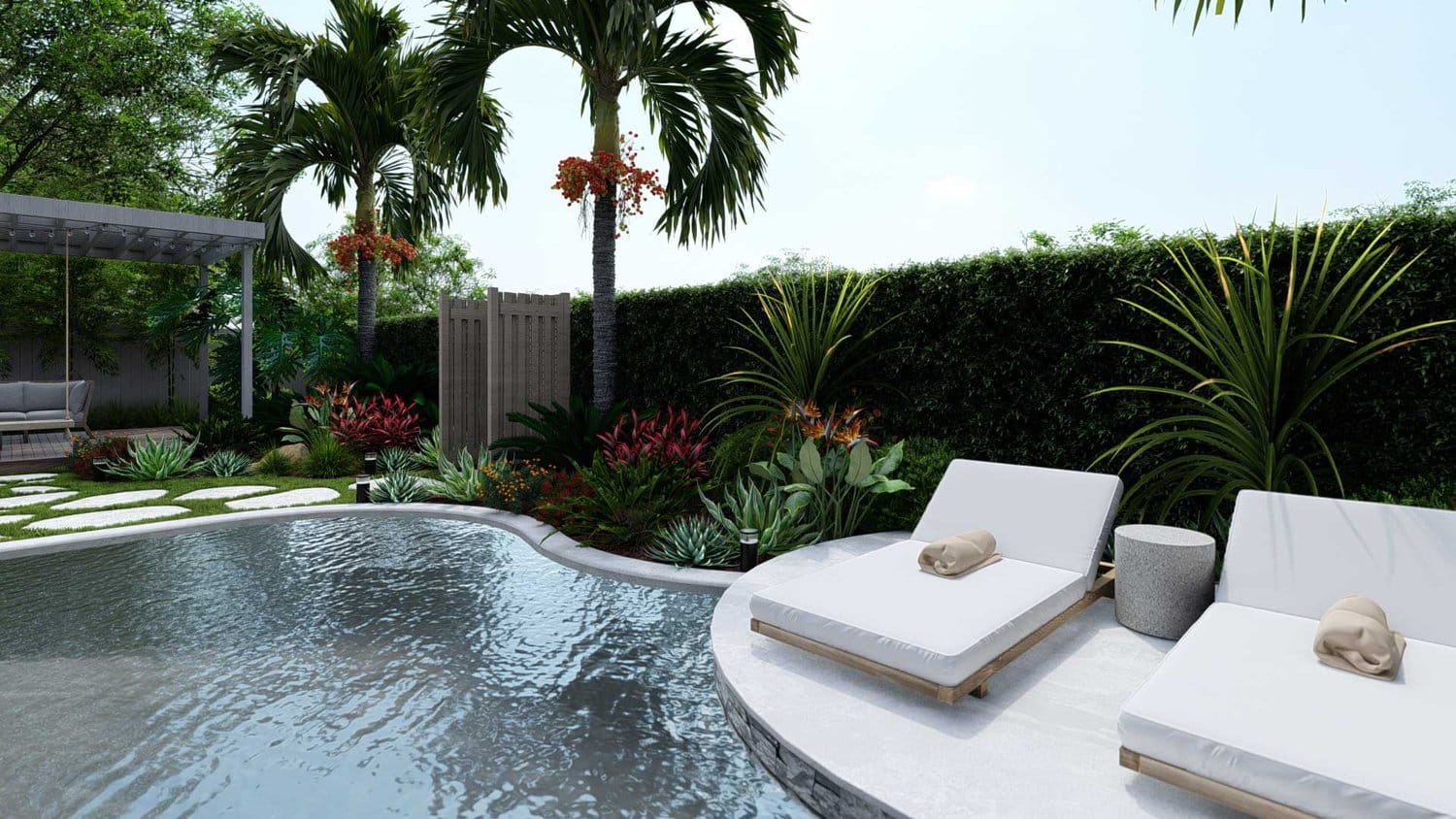 Tampa backyard pool garden design with concrete deck with sun loungers