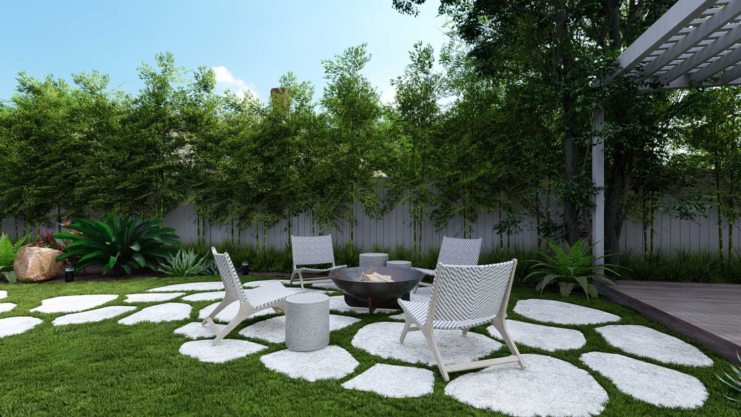 Tampa backyard concrete paver patio in lawn, with fire pit seating area