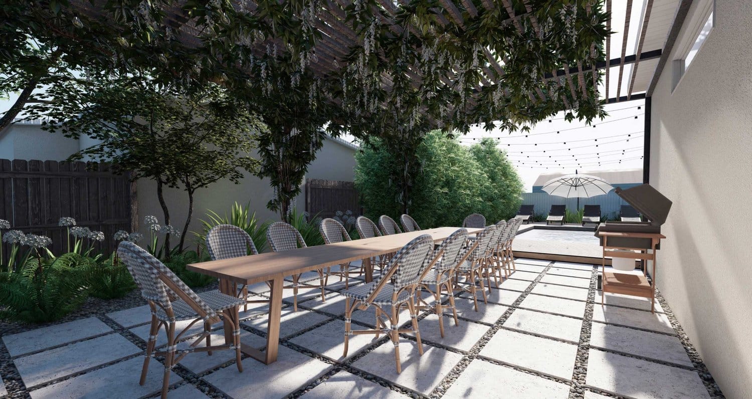 Tampa concrete paver patio with pergola over dining set