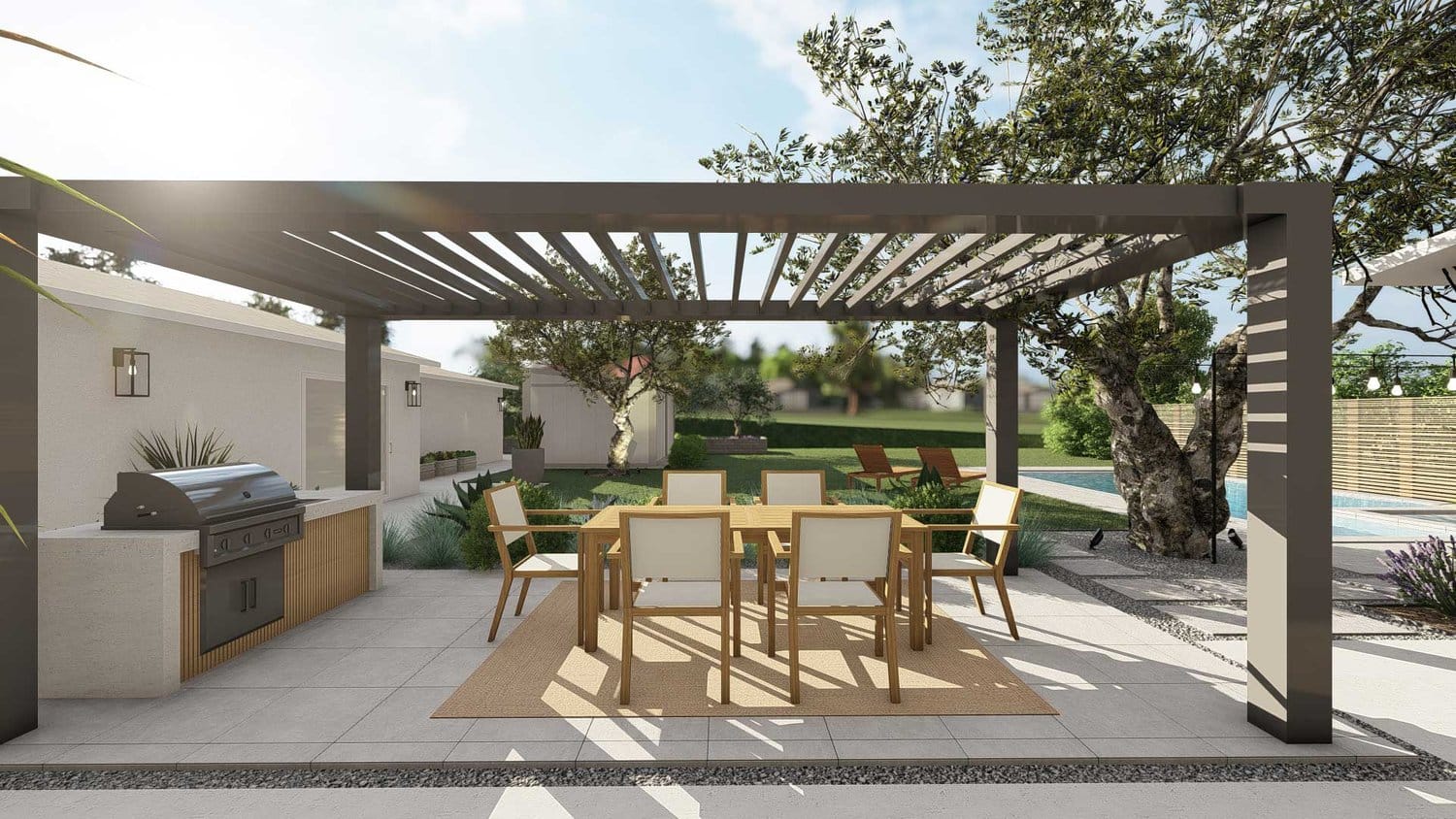 Thousand Oaks backyard paver patio with pergola over outdoor kitchen and dining set