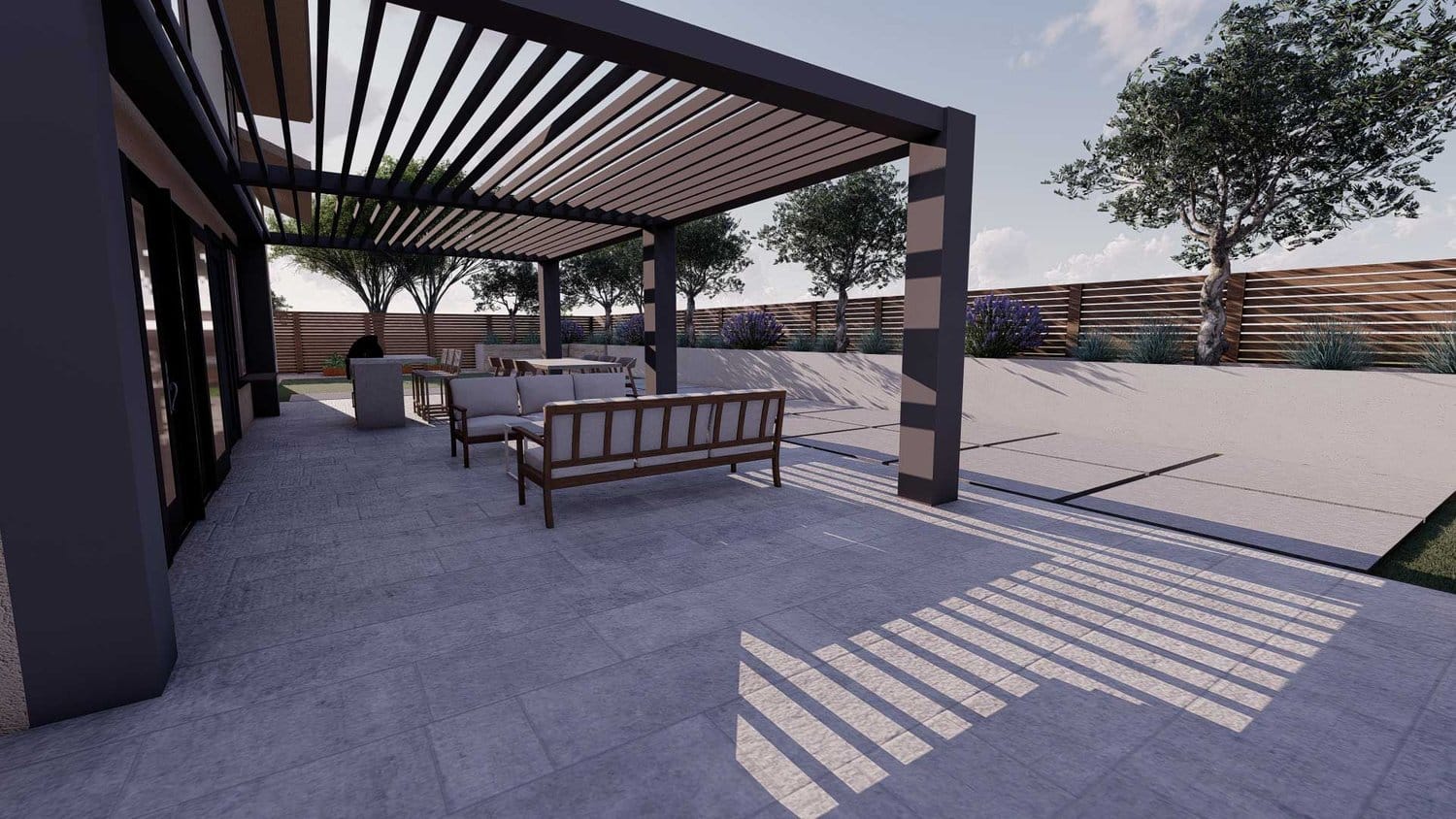 Thousand Oaks yard with pergola over concrete paver patio seating area