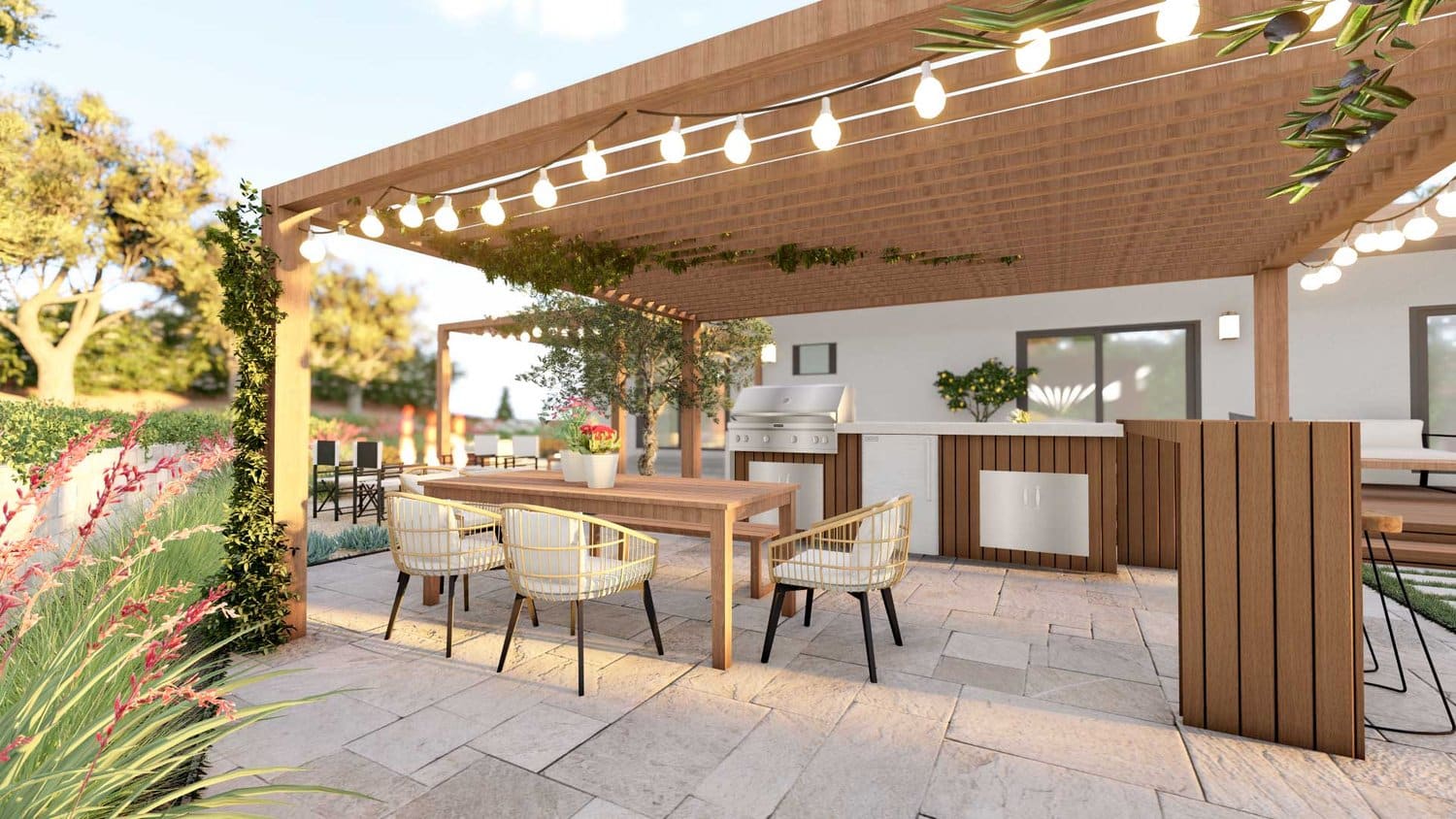 Thousand Oaks paver concrete patio with pergola over dining seat and outdoor kitchen