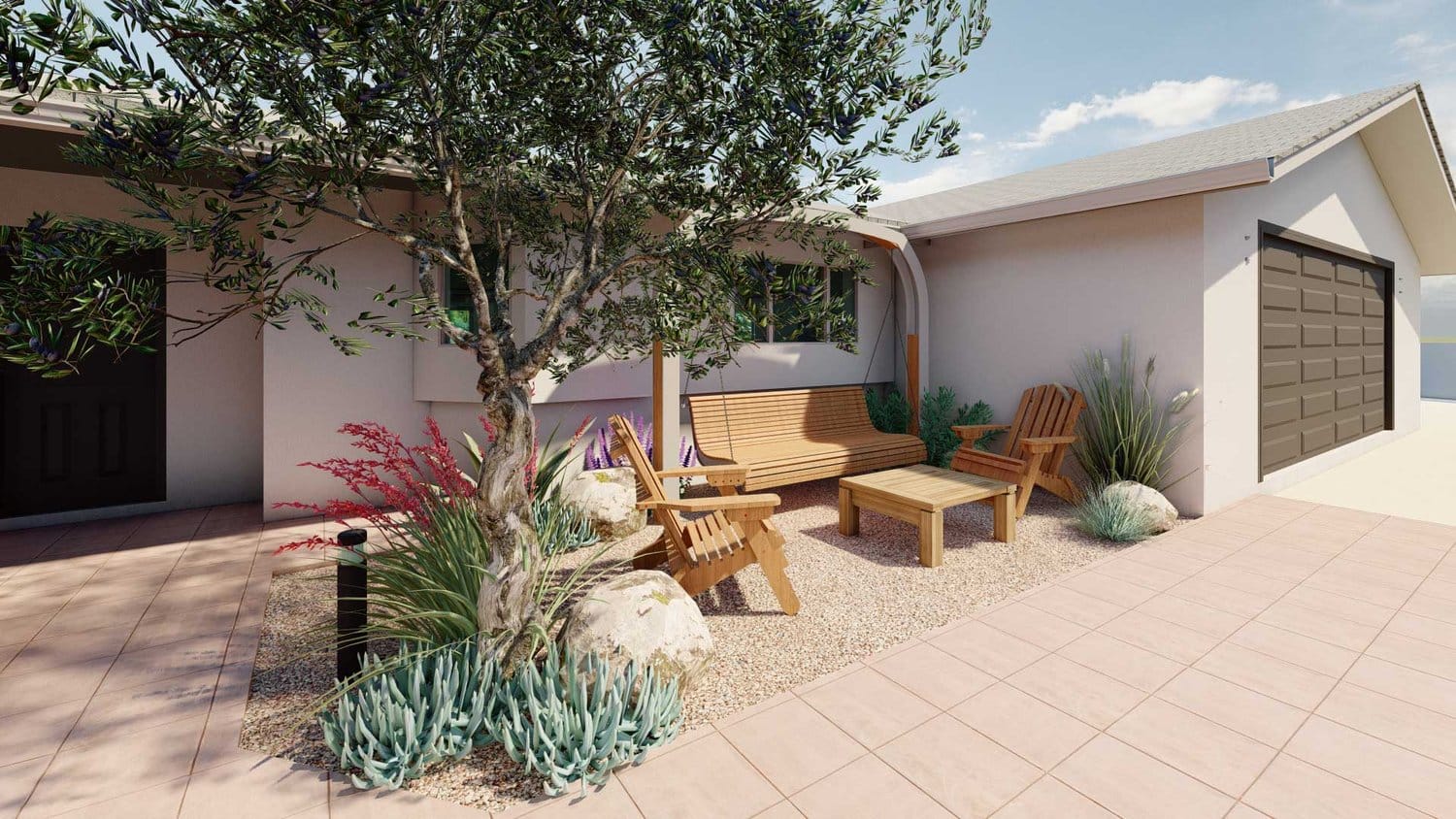 Thousand Oaks front yard gravel patio seating area with tree and plants