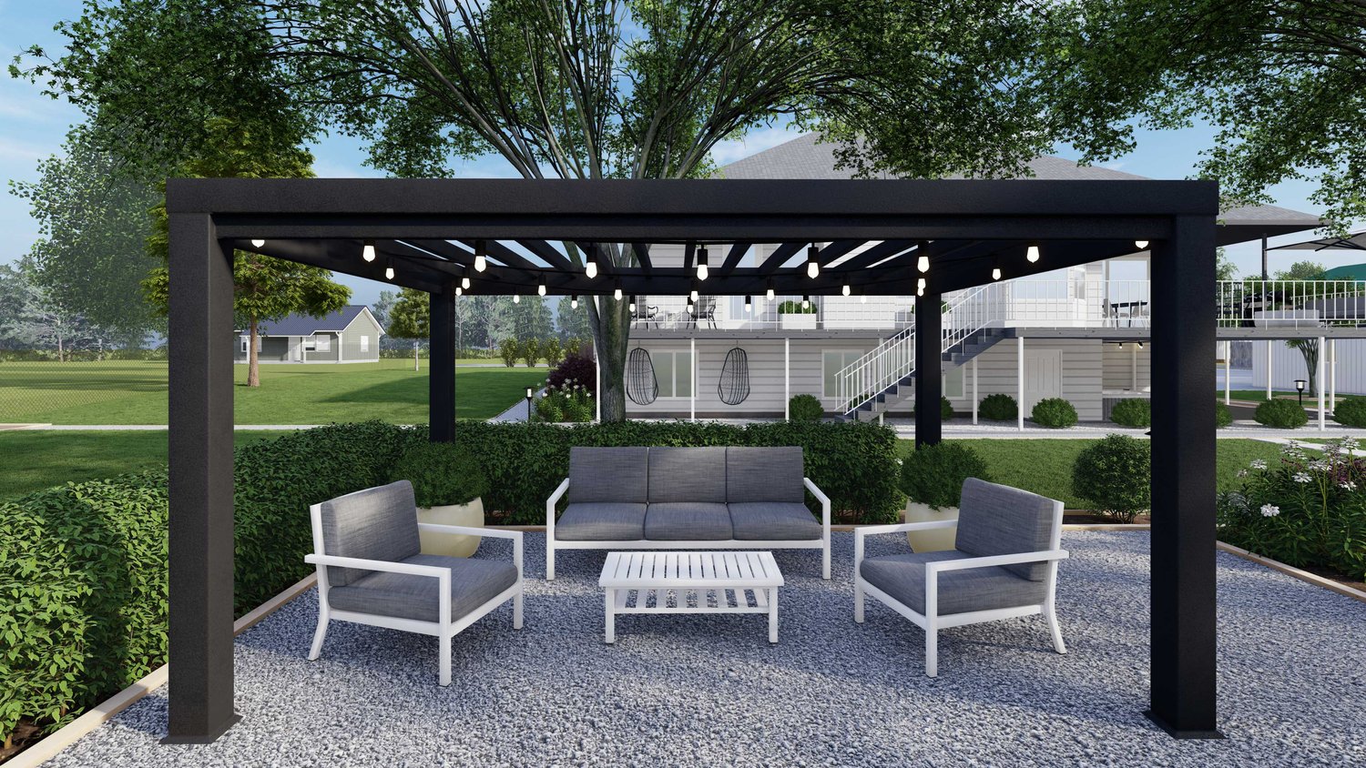 Twin Falls gravel patio with pergola over seating