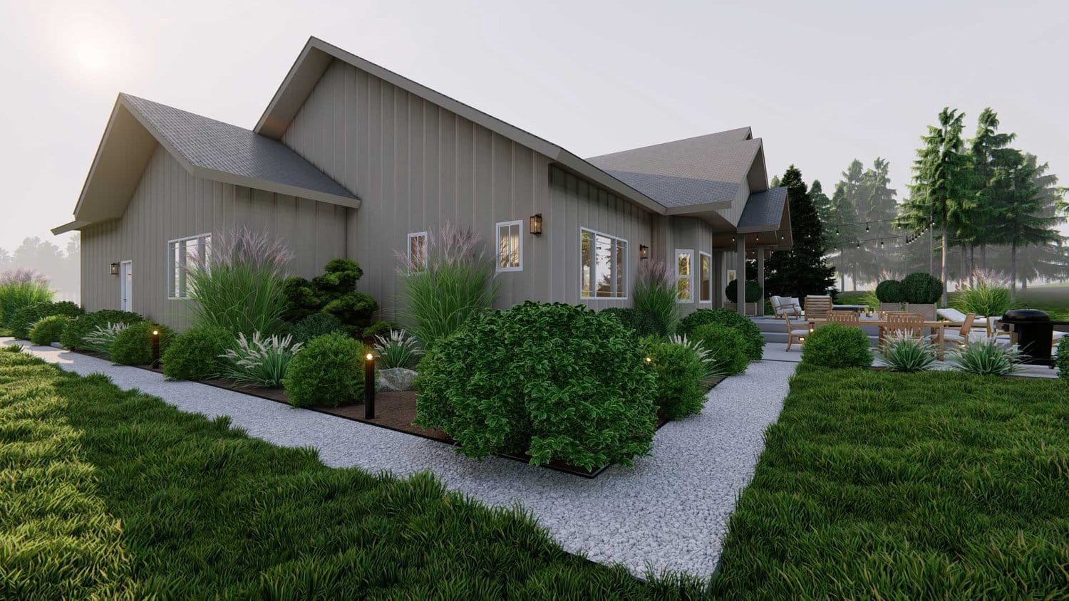 Twin Falls front yard view with grass alternative cover plantings, gravel paths, plants and seating area