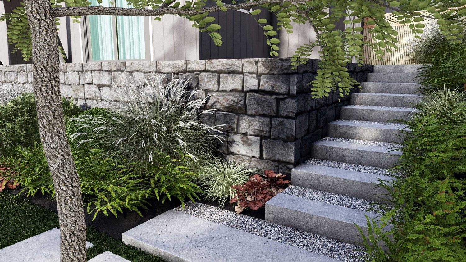 Twin Falls backyard with concrete wall and stairs, alongside tree and plants