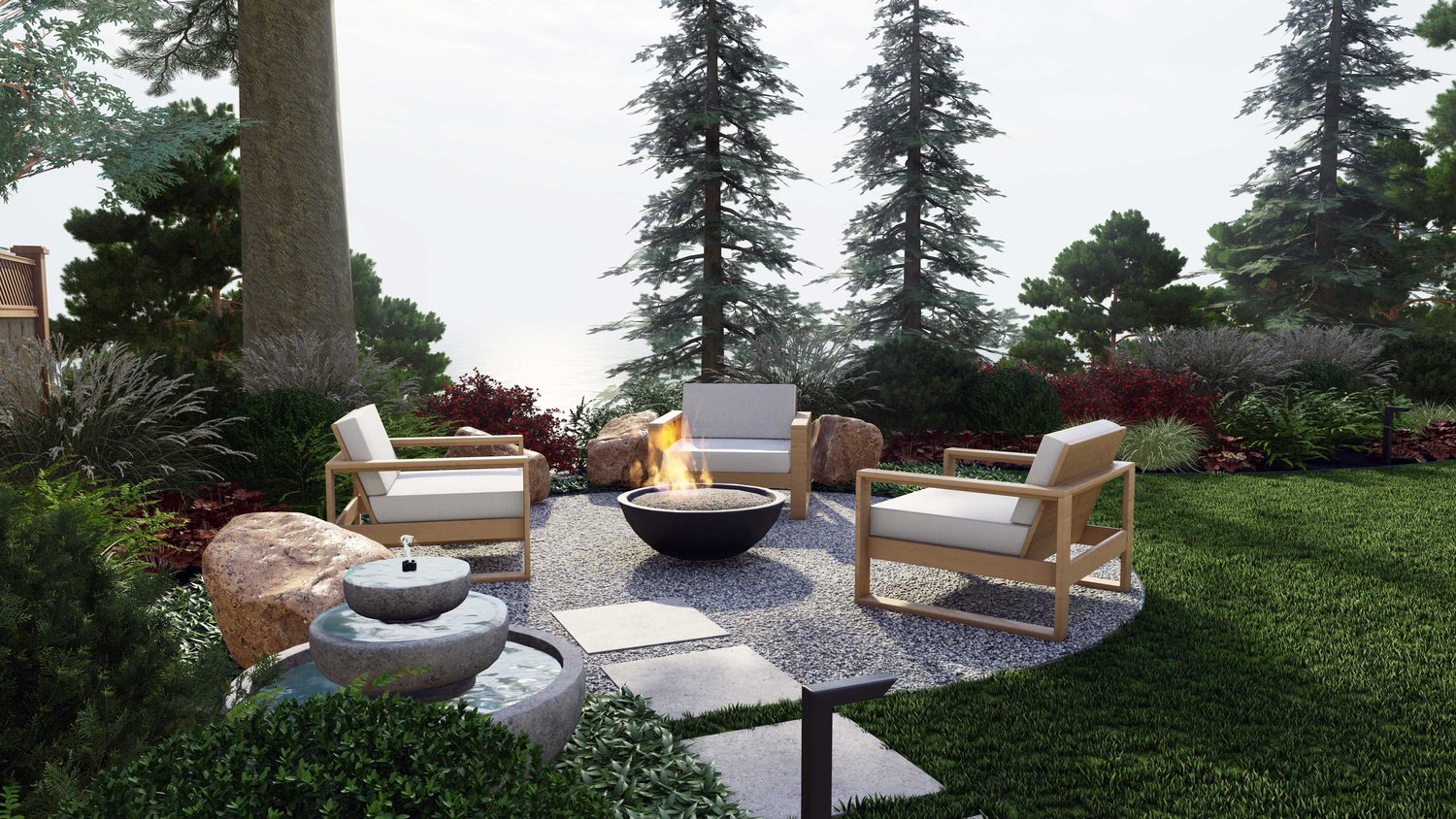Twin Falls gravel patio with fire pit and chairs, paver pathway, lawn, trees, plants, boulder stone, and water feature
