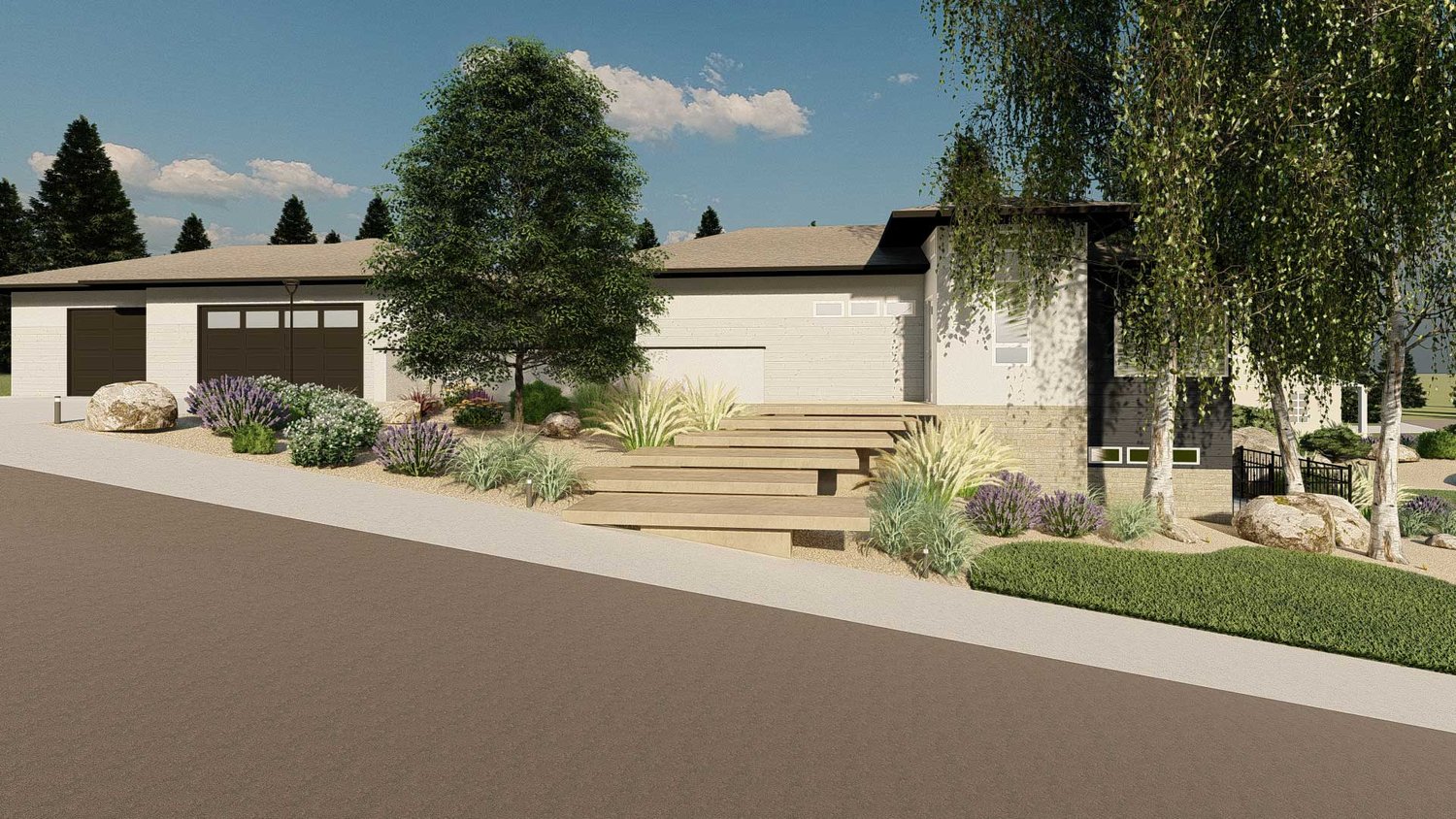 Twin Falls concrete paver front yard with concrete stairway, trees and plants