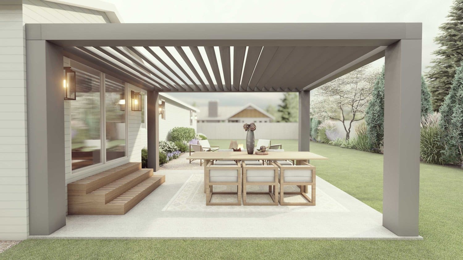 Twin Falls backyard with concrete paver patio and a pergola over dining area