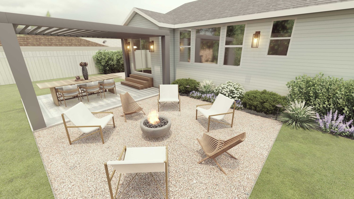 Twin Falls front yard with gravel fire pit seating area, a patio with pergola over dining area