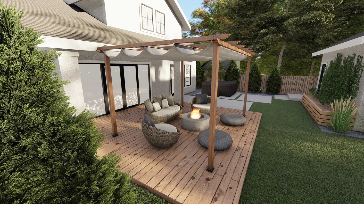 Twin Falls front yard showing patio and pergola with canopy over fire pit seating area