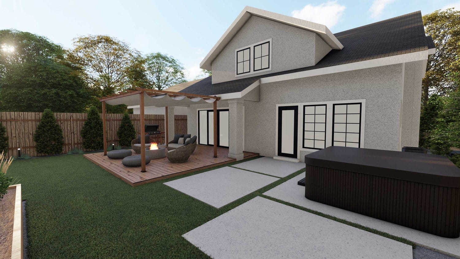 Twin Falls front yard showing patio with pergola over fire pit seating area