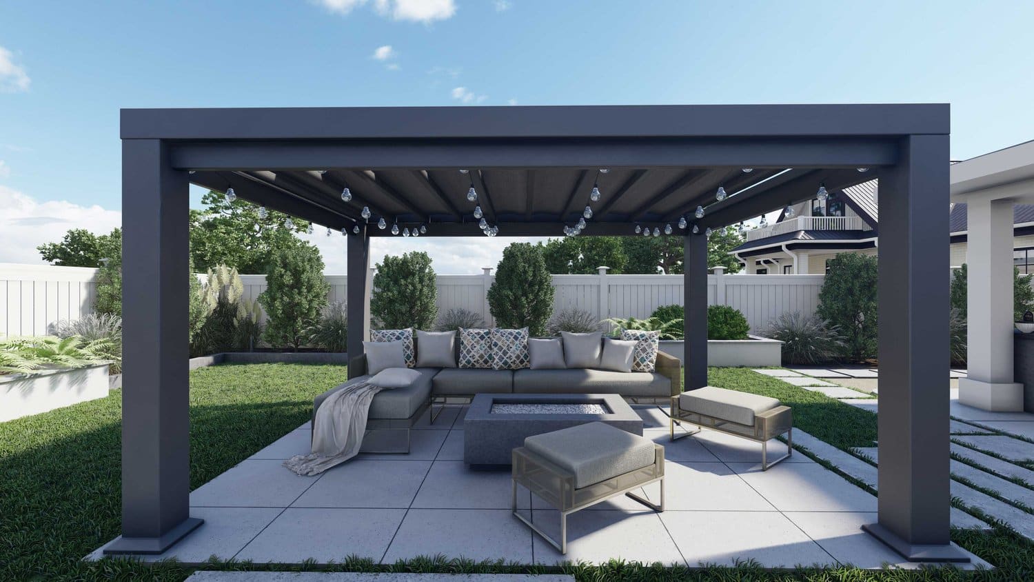 Twin Falls backyard with concrete paver patio and pergola over fire pit seating area with sectionals