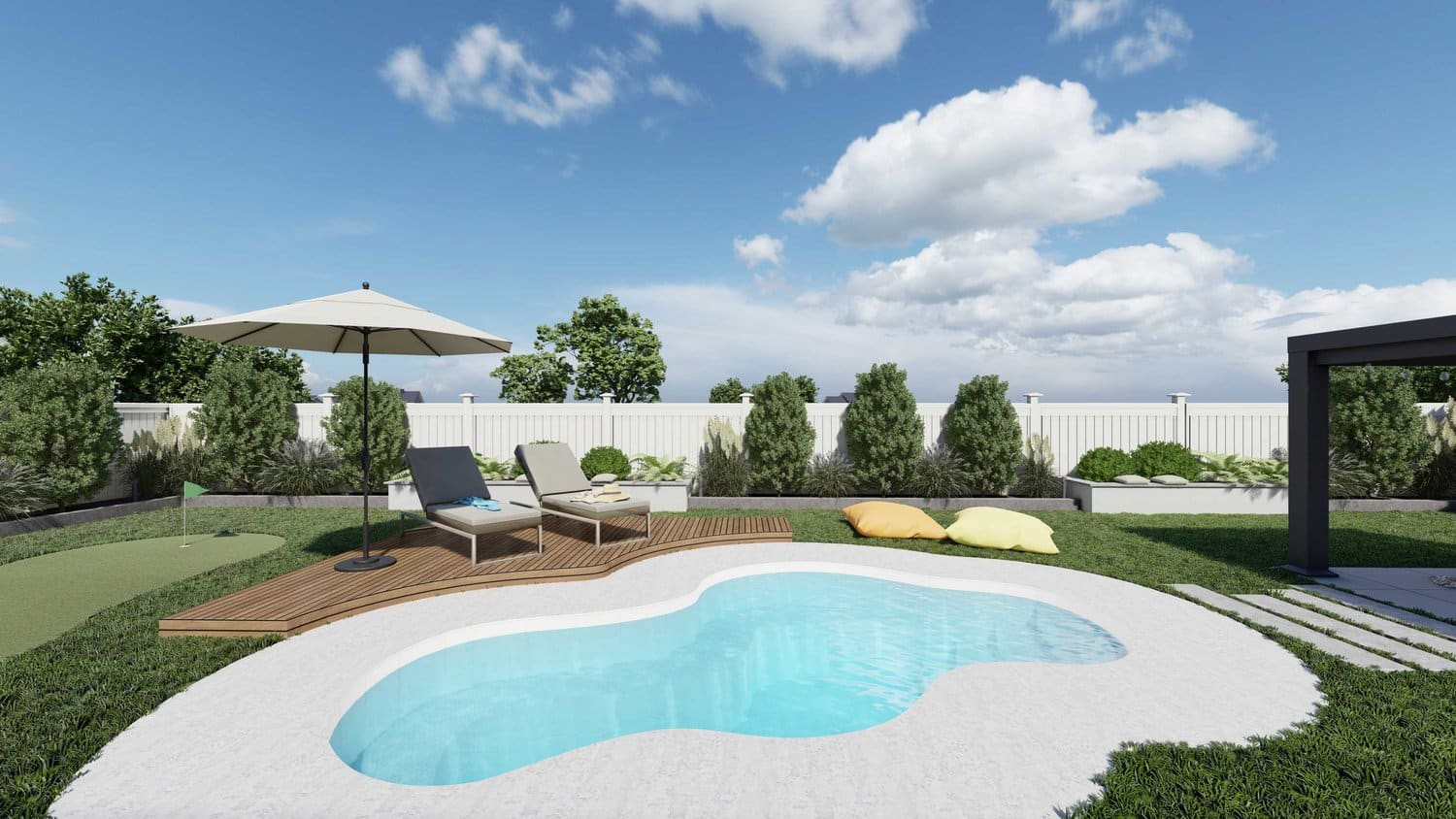 Twin Falls backyard with swimming pool and decked seating area with sunbrella and swim benches