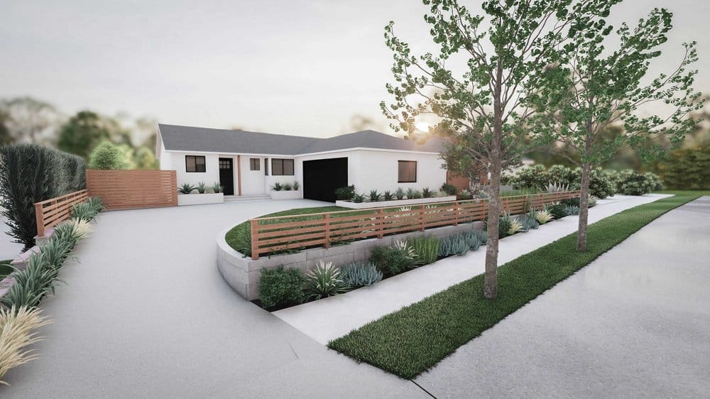 Ventura front yard design with concrete driveway