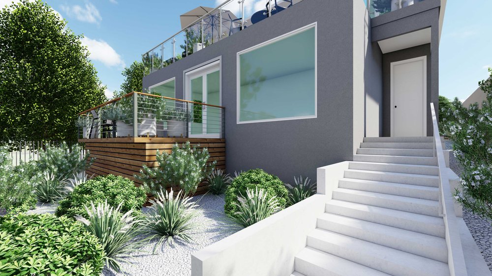 Ventura front yard design with concrete stairs and plants