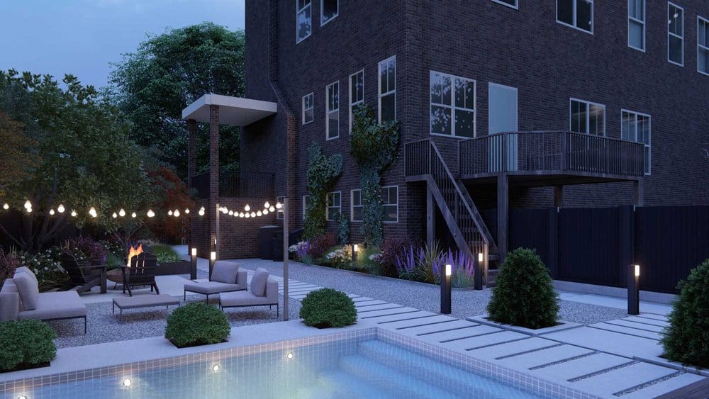 Washington, D.C outdoor pool design with hanging string lights
