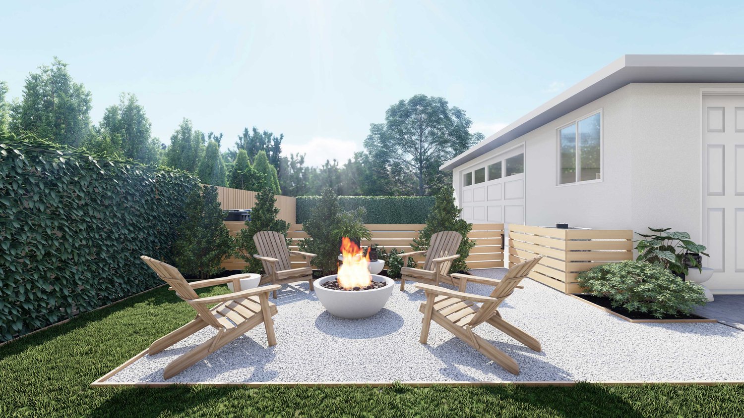 Winter Park patio with fire pit, gravel floor and green walls