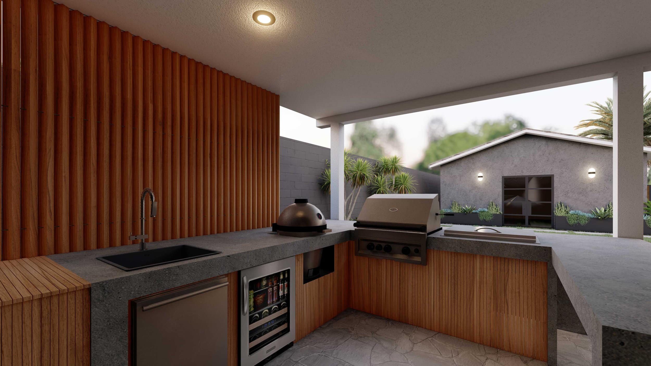 L-shaped outdoor kitchen with smoker, concrete countertop, and wooden facade