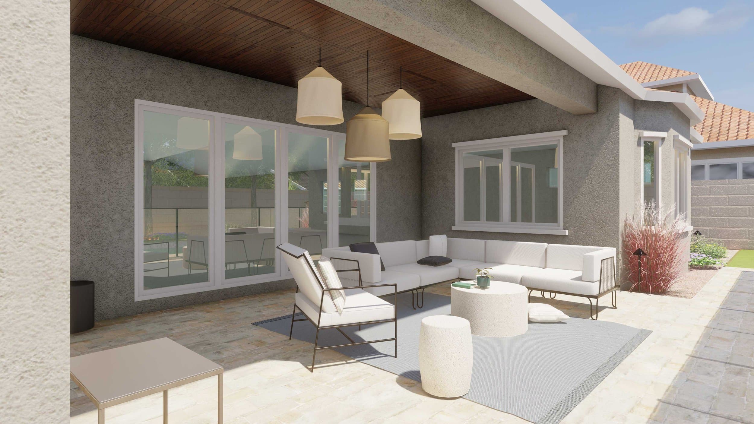 back covered patio with hanging lights and outdoor lounge furniture