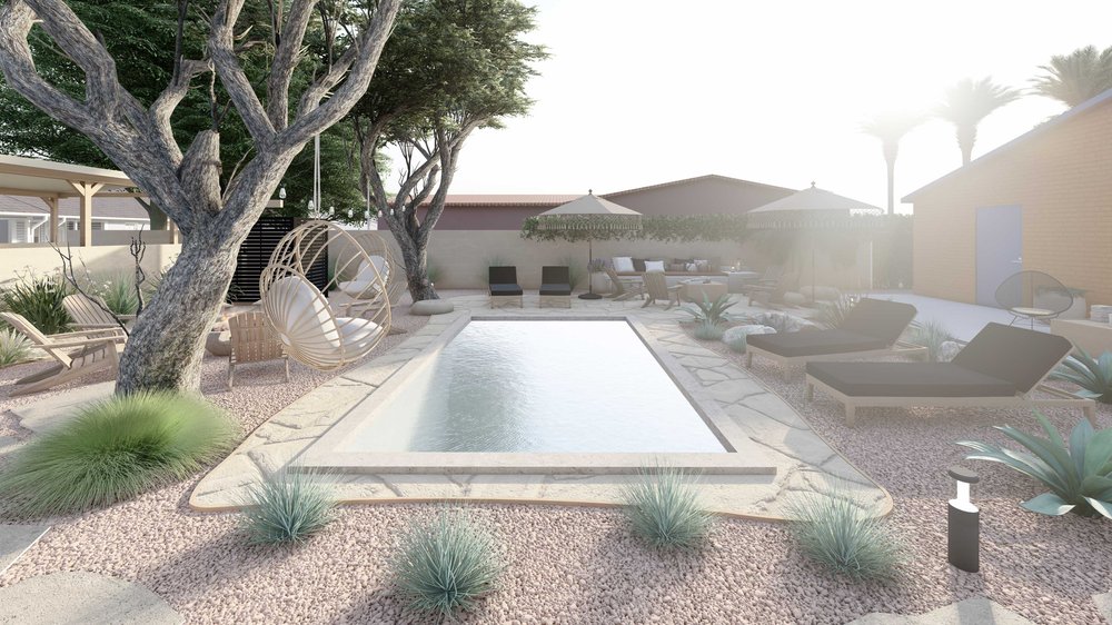 pool with stone patio surround and drought tolerant ornamental grasses