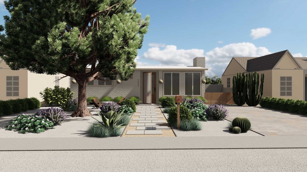 front yard with grass-alternative plantings of drought tolerant grasses