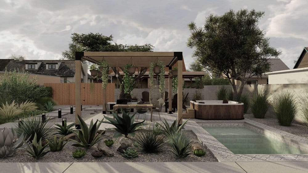 modern wooden pergola over an outdoor dining area and drought tolerant plants in front