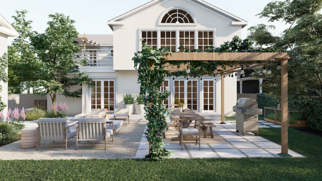 3D render of backyard design with ivy-covered pergola and outdoor dining area