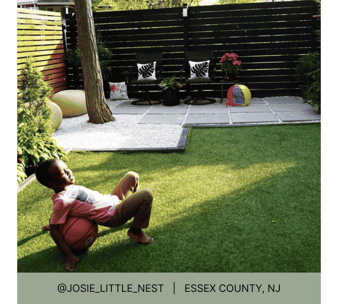 Little boy playing with basketball on a lawn with paved seating area in the background with  with heading that reads @josie_little_nest Essex County, NJ