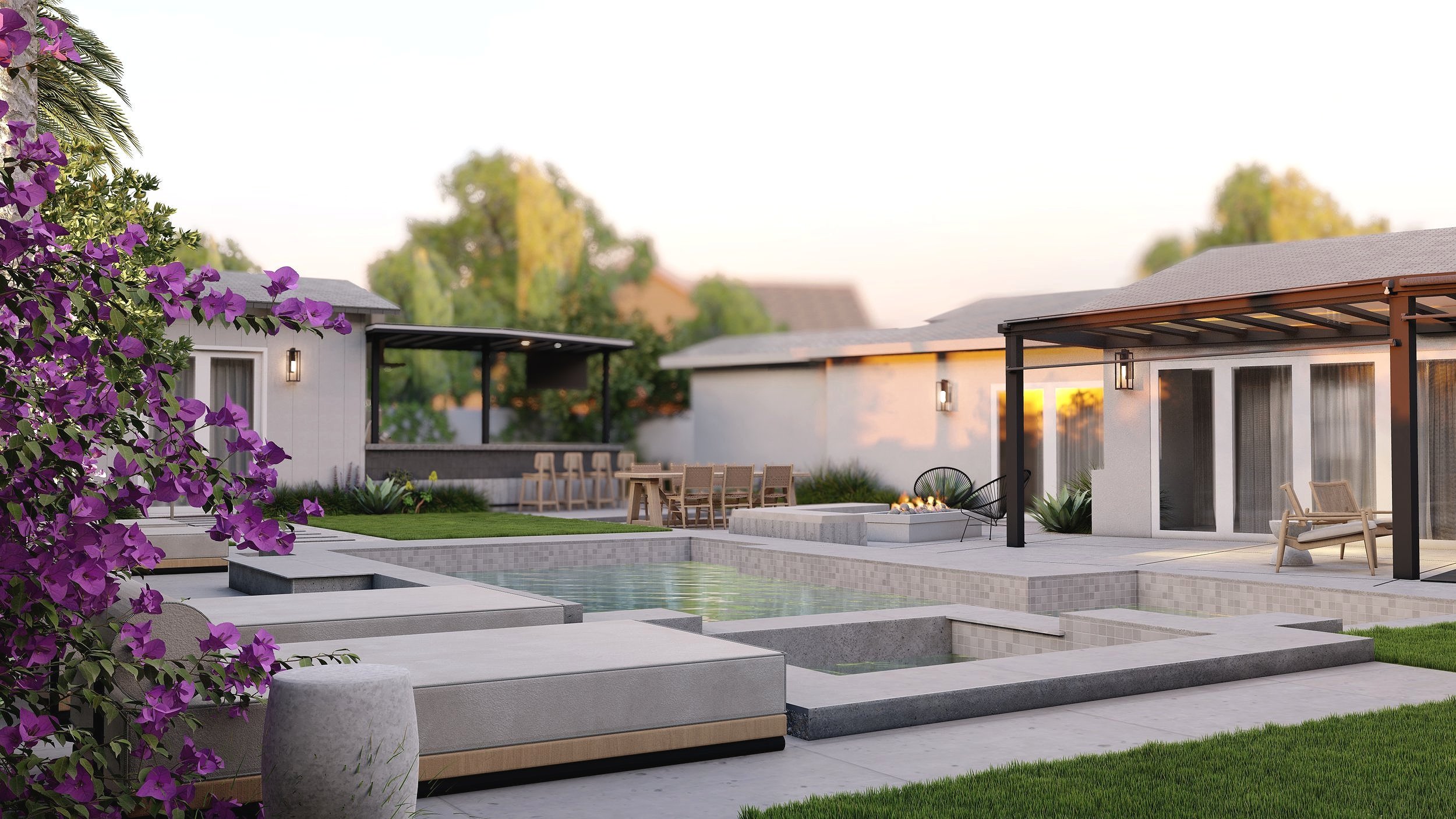 A backyard with an outdoor kitchen, a fire pit, a plunge pool and lounge chairs with a patio