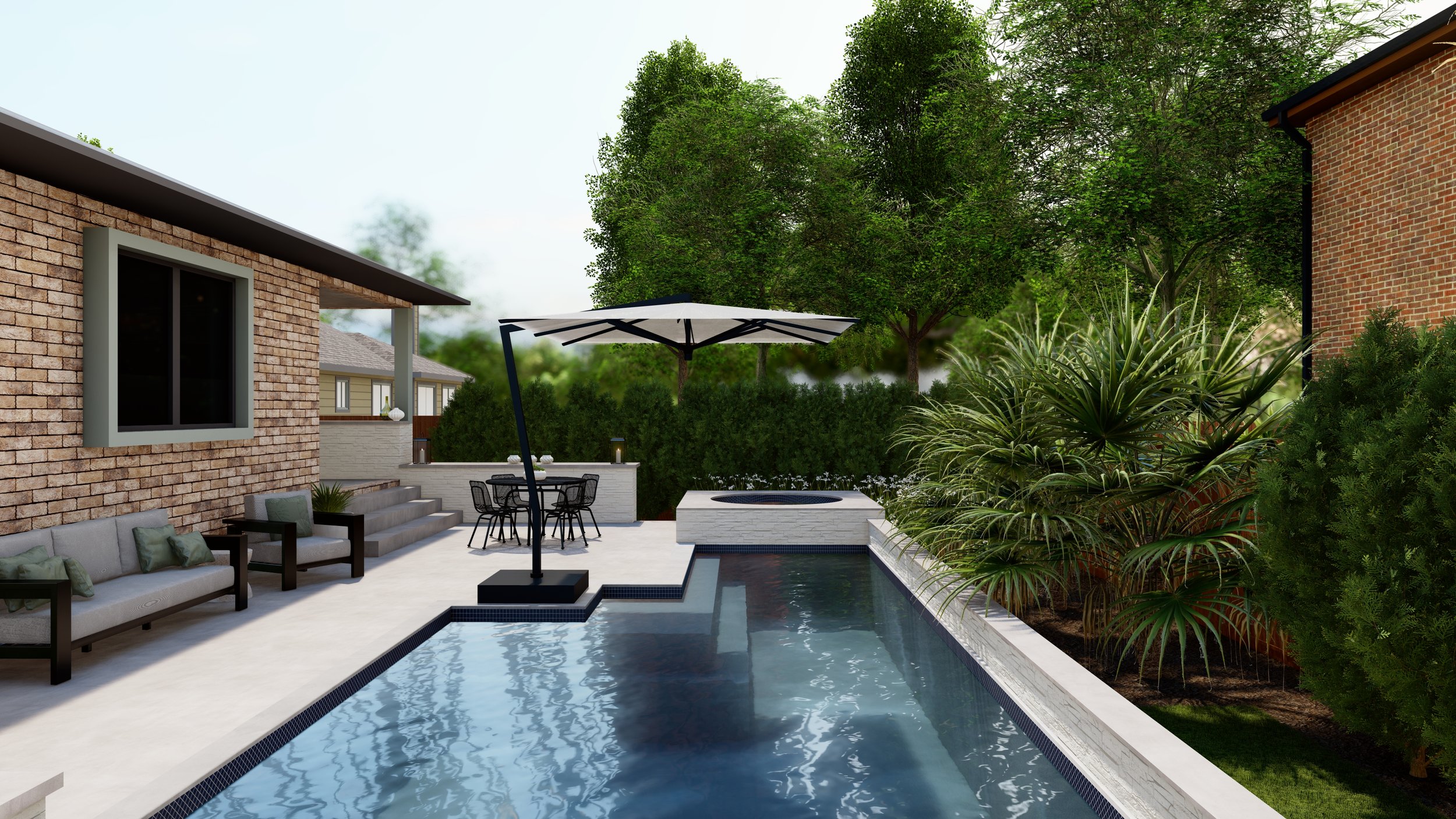 Pool with umbrella and poolside metal outdoor sofa and longe chair.